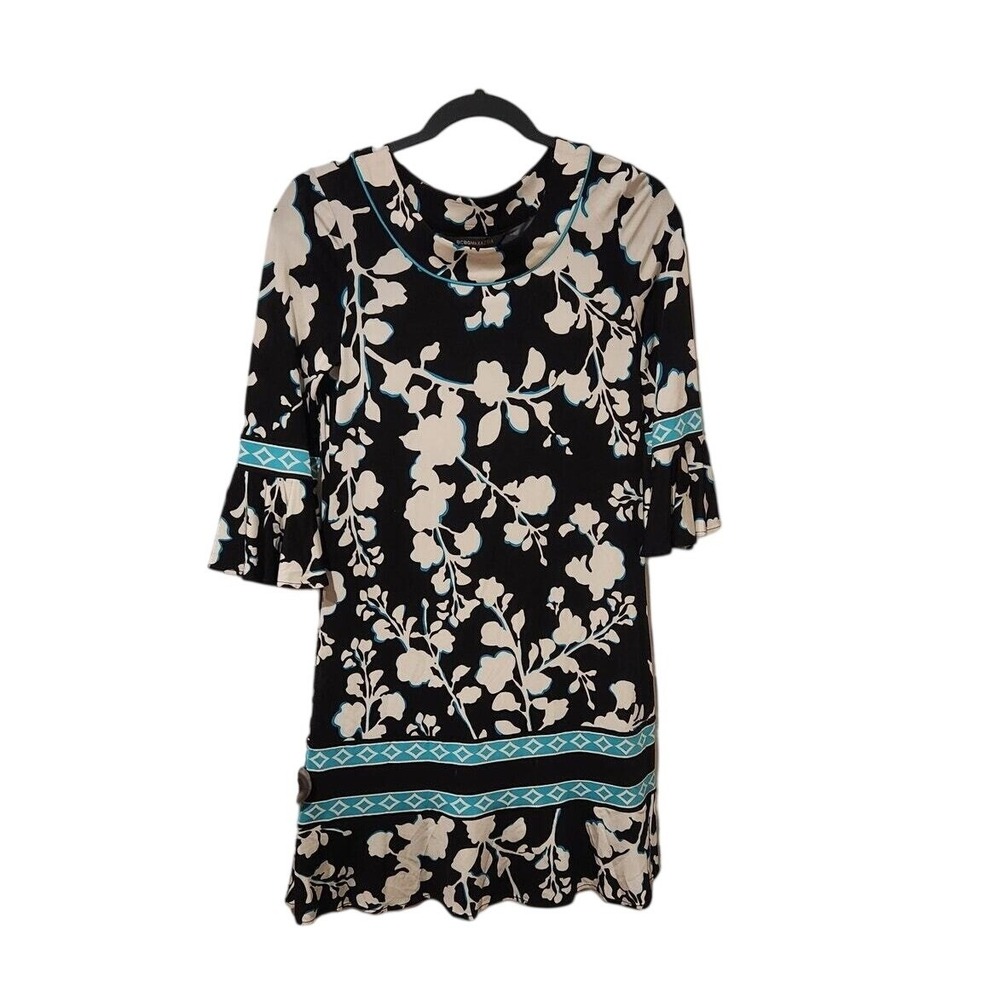 BCBGMAXAZRIA Black Floral Bell Sleeve Shift Dress XS